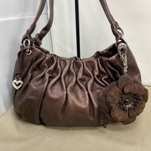 BRIGHTON METALLIC BROWN PLEATED LEATHER SHOULDER BAG W/ATTACHED FLOWER POUCH
